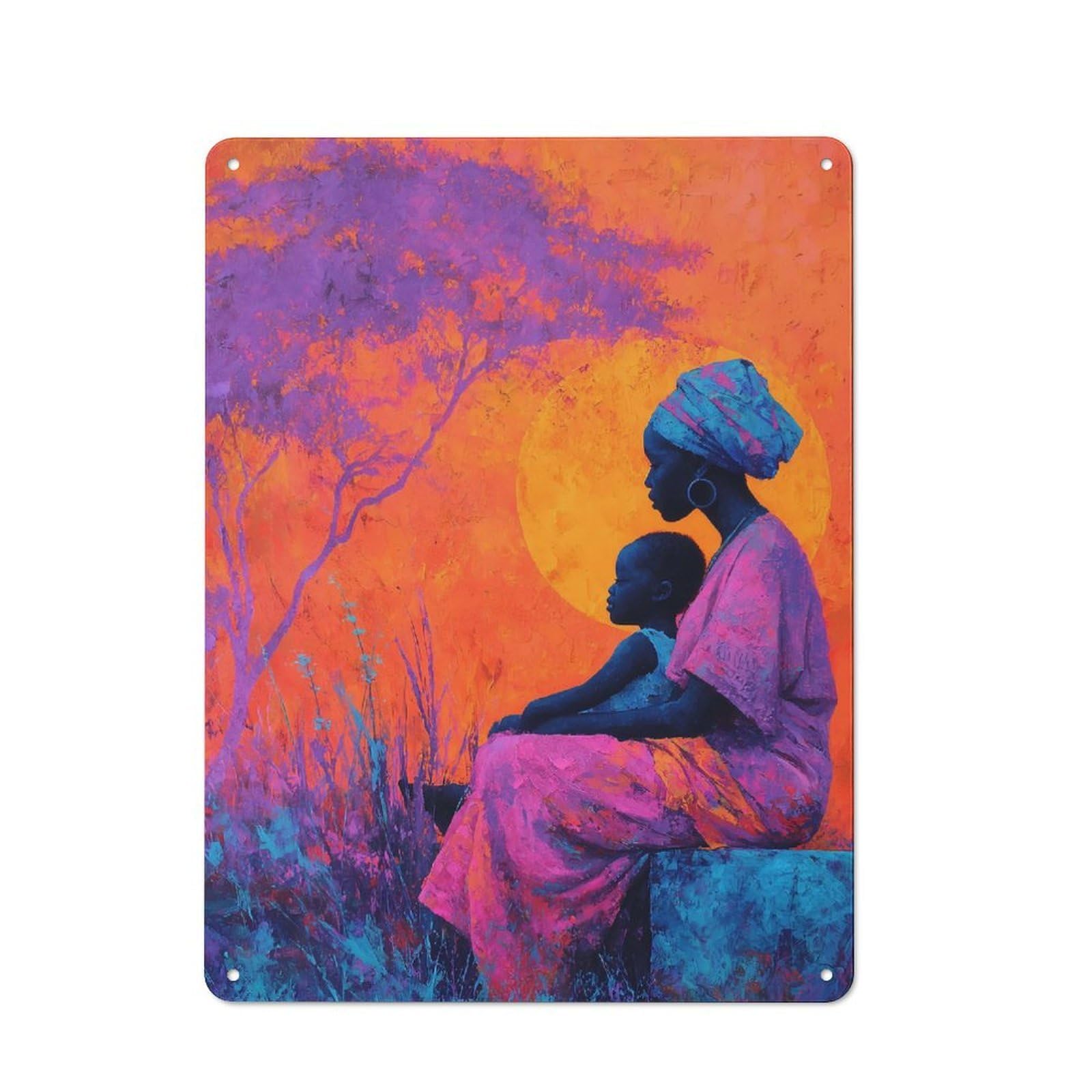 Junmoney Mother And Child African Art Painting Metal Plaque 40X30cm With For Pub Or Café, Rustic Decor, For Pub Decor Enthusiasts
