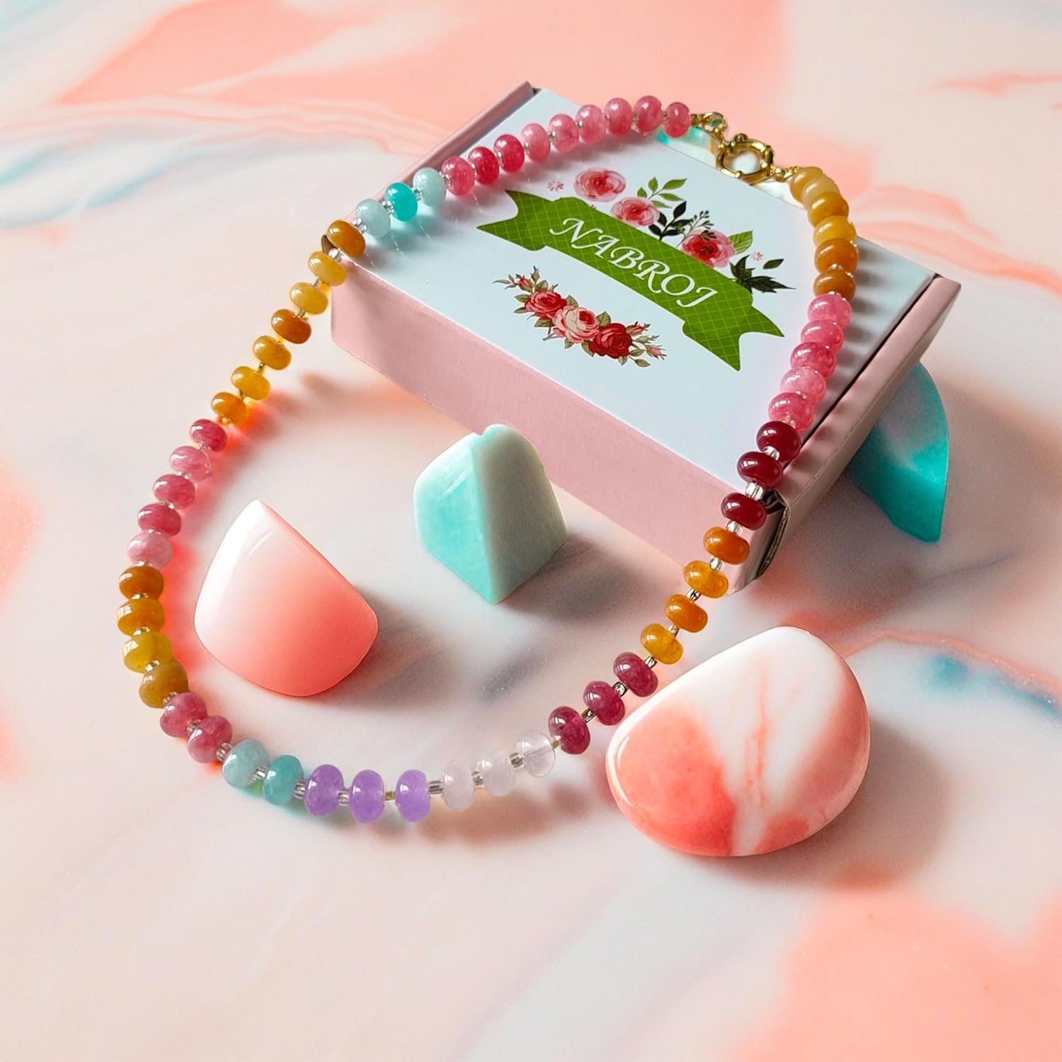 Valentines Day Gifts, Colorful Beaded Necklace Costume Jewelry for Women, Rainbow Crystal Bead Chunky Boho Handmade Collar Necklaces - Image 3