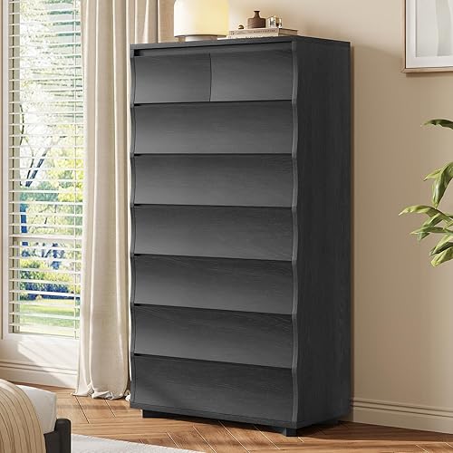Cómoda alta negra para dormitorio, cómoda de 61.1 pulgadas de alto con 8 cajones, cómodas de madera y cómodas, organizadores de cajones verticales