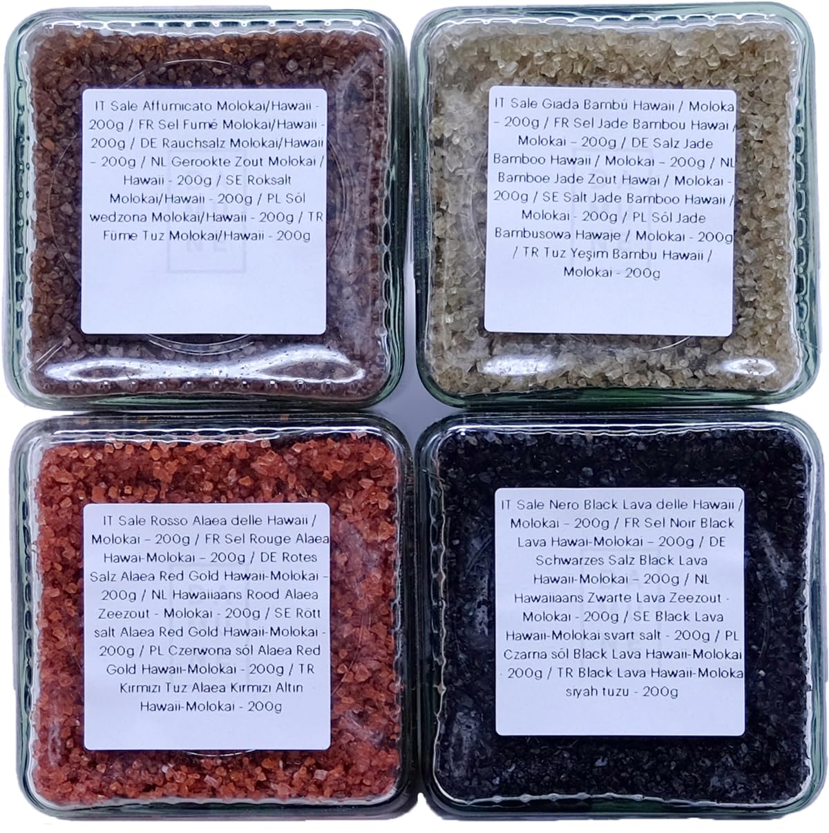 DAMUNE Gourmetsalz Molokai-Hawaii: Schwarzes Salz Black Lava Hawaii-Molokai (200g), Rotes Salz Alaea Red Gold Hawaii-Molokai (200g), Salz Jade Bamboo Hawaii-Molokai (200g), Rauchsalz Hawaii (200g)