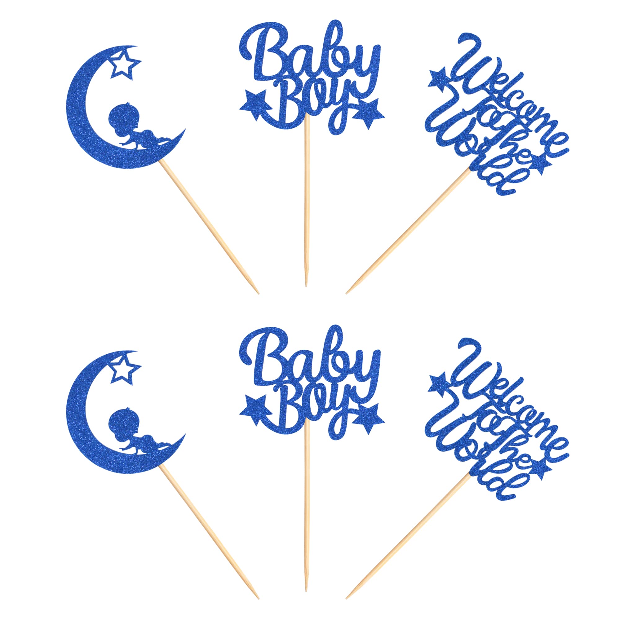 24 Topper Per Cupcake Baby Shower – Stelle E Luna Glitterate 'Welcome To The World', Blu Scuro, Per Compleanni E Feste Neonati