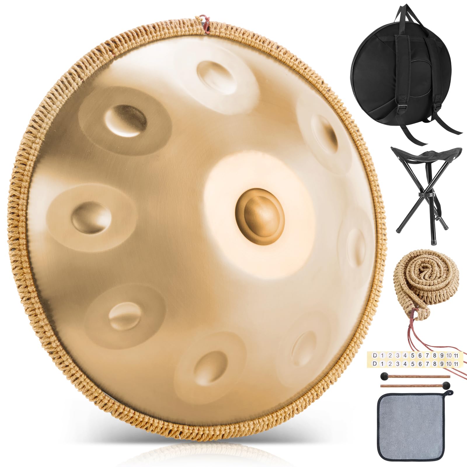 Handpan Instrument 432 Hz, 9 toni, 22 pollici, Handpan in d-Moll, tamburo per lingua con custodia, bacchetta, supporto, per principianti, professionisti, musicoterapia (oro, 9 toni 432 Hz)