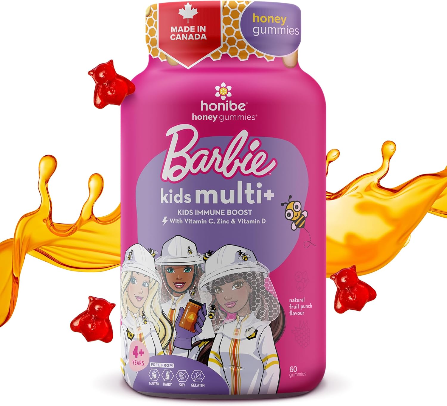 Honibe x Barbie Kids Multivitamin Gummies Plus Immune Boost | Honey-Based Vitamins Made in Canada | Children’s Chewable Gummy Vitamins | Kids Zinc Vitamin Honey Gummies | 60 gummies