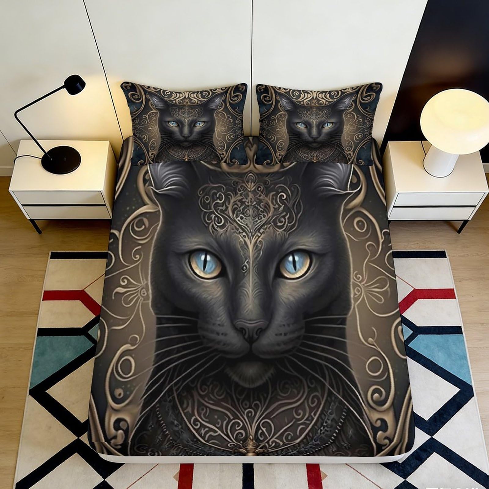 Pnayamiorkfel Style-2 3D Printed Black Cat Art Fitted Sheet Microfiber Gothic Pattern Bed Cover For Bedroom Guest Room Easy Care 90X200x25cm
