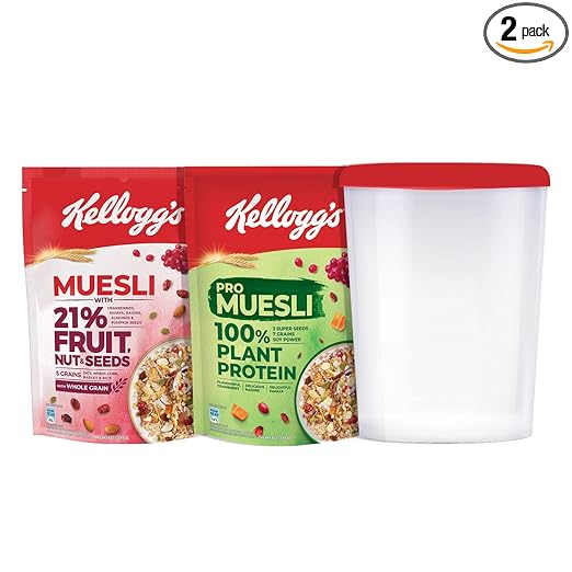 Kellogg's Multigrain Muesli Combo Pack | Kelloggs Pro Muesli with 100% Plant Protein 500g | Kelloggs Muesli 21% Fruit, Nut & Seeds 500g + Free Jar | High in Iron & Fibre | Naturally Cholesterol Free | Breakfast Cereals