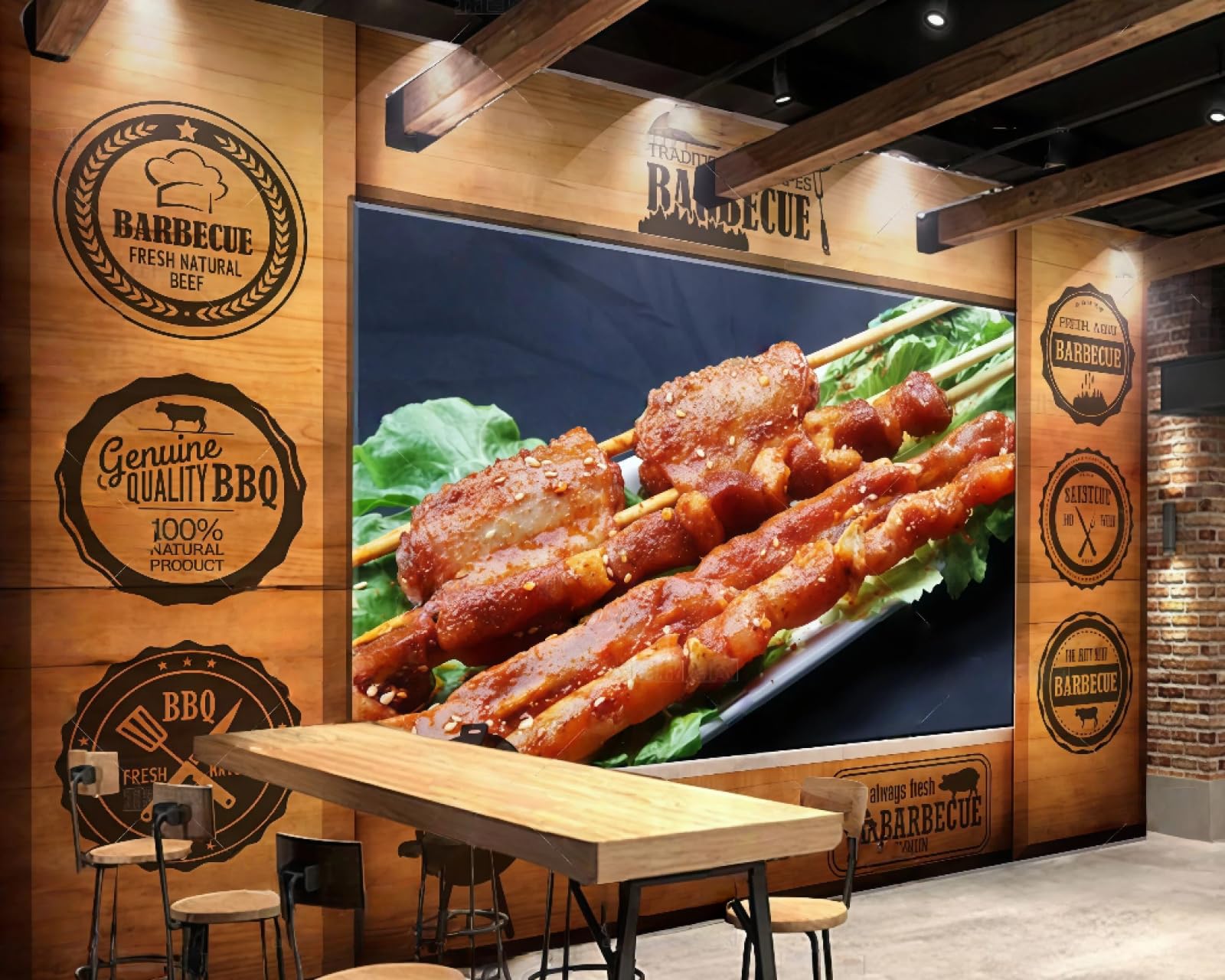 XDOUBAO Wallpaper Personalized Wood Grain Hand-Painted Delicious Barbecue Skewers Theme Afternoon Tea Western Restaurant Background Wall Wallpaper Coffee Shop Mural,3D,400x280cm