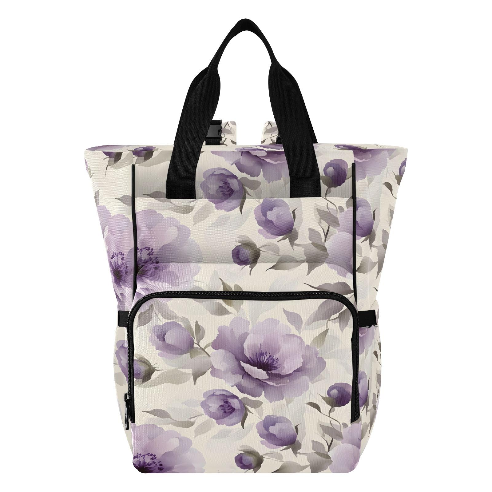 Mnsruu Borsa per pannolini per bambini con motivo floreale viola pallido borsa grande borsa impermeabile da viaggio borse per pannolini per mamme e papà