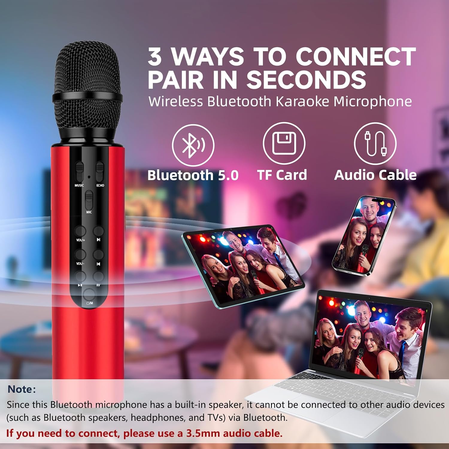 Bluetooth Wireless Karaoke Microphone, 4-in-1 Portable Handheld Mic with Built-in Sound Card for Home Parties,Travel,Music Recording,Car Singing (Red) - Image 4