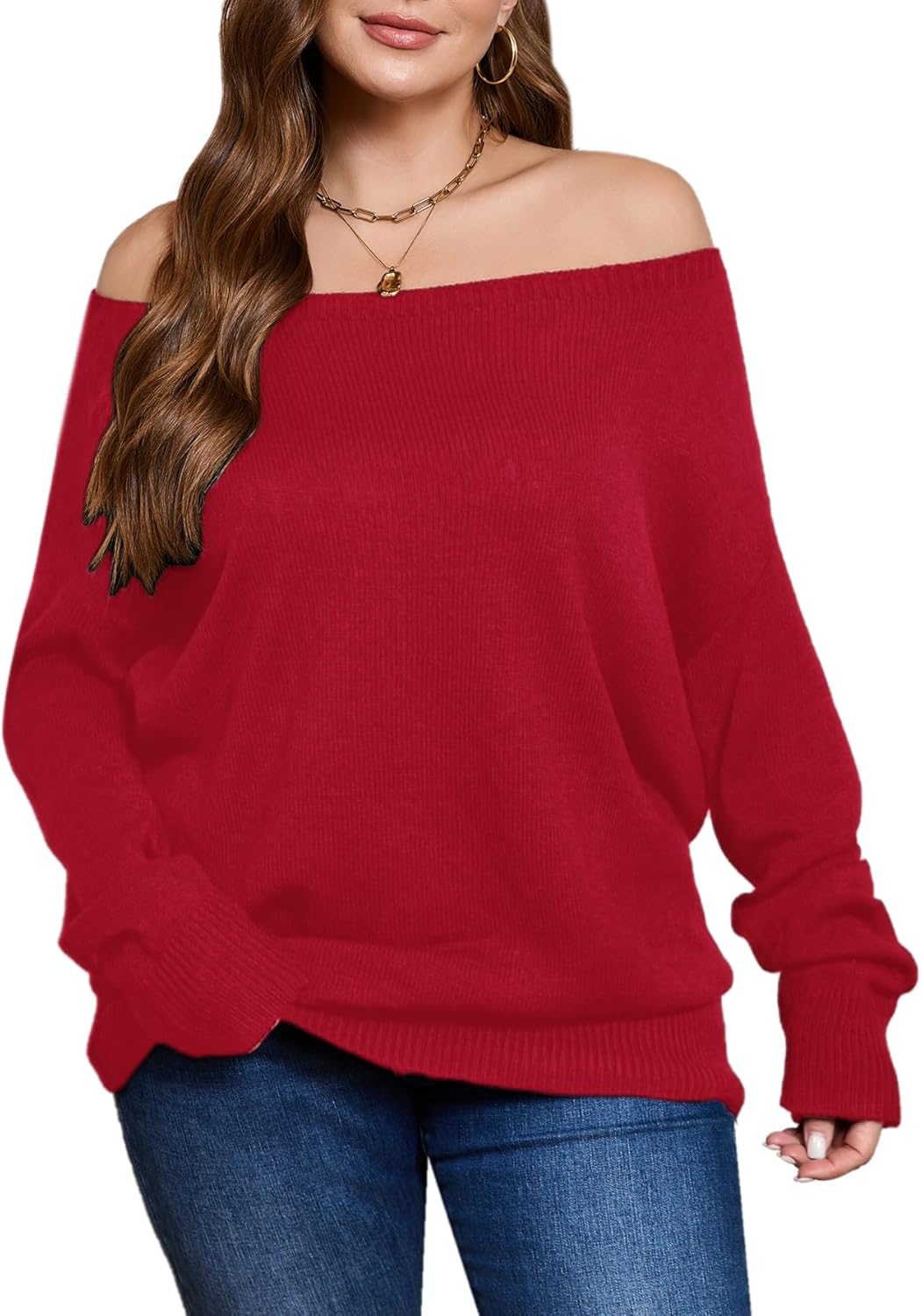 SOLY HUX Women's Plus Size Sweater Off Shoulder Long Sleeve Fall Sweaters Loose Lightweight Pullover Tunic Tops