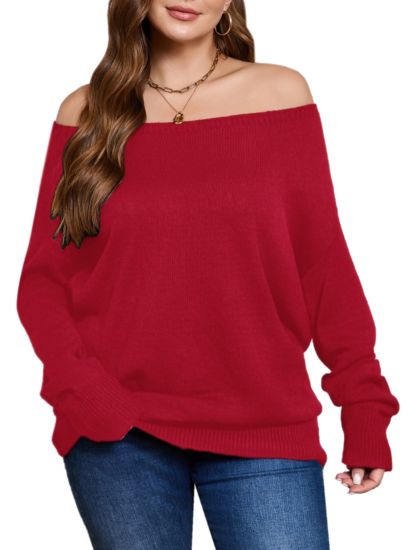 SOLY HUX Womens Plus Size Sweater Off Shoulder Long Sleeve Fall Sweaters Loose Lightweight Pullover Tunic Tops