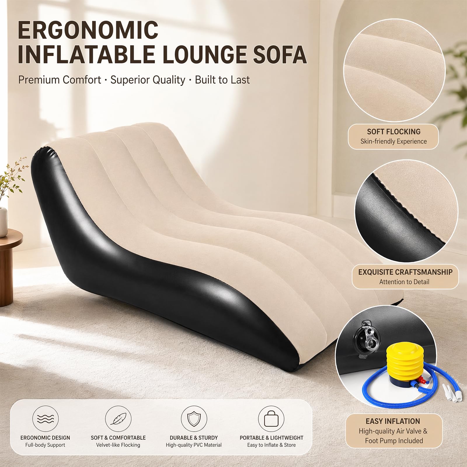 RANJIMA Aufblasbares Sofa, Aufblasbare Liege, Aufblasbar Liegestuhl mit Luftpumpe, Wasserdichtes Aufblasbare Couch Camping Luftsofa mit Plüschbezug für Camping,Strand,Wohnzimmer, bis 300 kg, 155x86cm