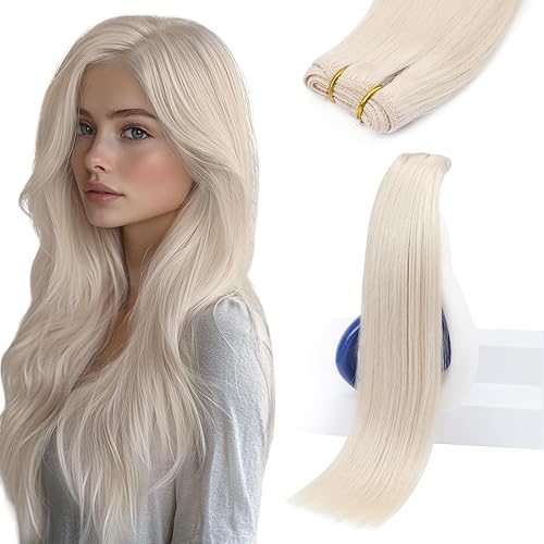 Sunny Hair Human Hair Extensions Sew in Blonde Human Hair Weft Extensions Platinum Blonde Weft Hair Extensions Human Hair Blonde Hair Extensions Real Human Hair Weft for Women 16inch 100g
