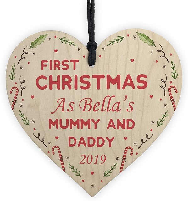 RED OCEAN PERSONALISED First Christmas As Mummy And Daddy Wooden Bauble Tree Decoration Newborn Baby Gifts