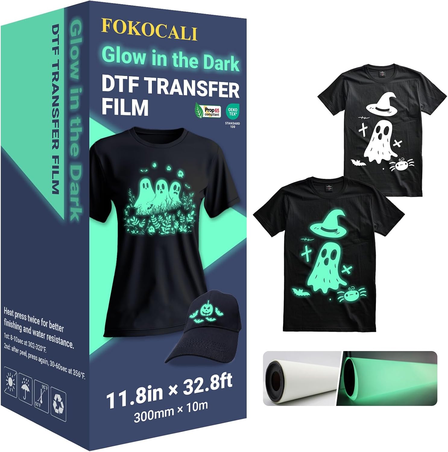 FOKOCALI 11.8in x 32.8ft / 23.6in x 32.8ft DTF Glow in The Dark Luminous Film Roll,Cold Peel for T-Shirt Textile (11.8in x 32.8ft)