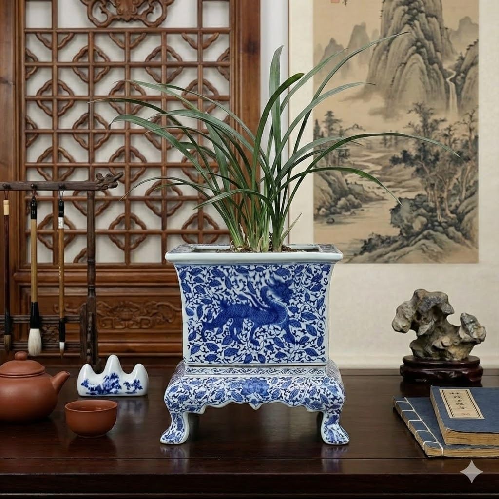 Extra Large Blue and White Planter - Porcelain Chinoiserie Floor Vase & Umbrella Stand, Ceramic Pot for Indoor Trees, Decorative Asian Pottery for Entryway, Living Room, Patio