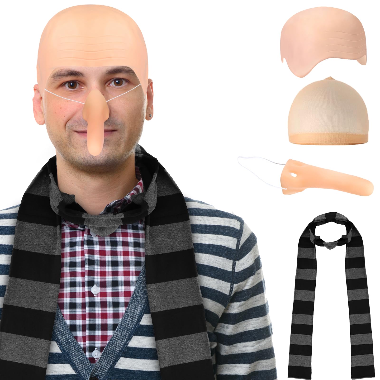 KMLGY 4 Pcs Halloween Costume Accessories for Adult Black Gray Striped Scarf/Fake Nose/Bald Cap for Men Cosplay