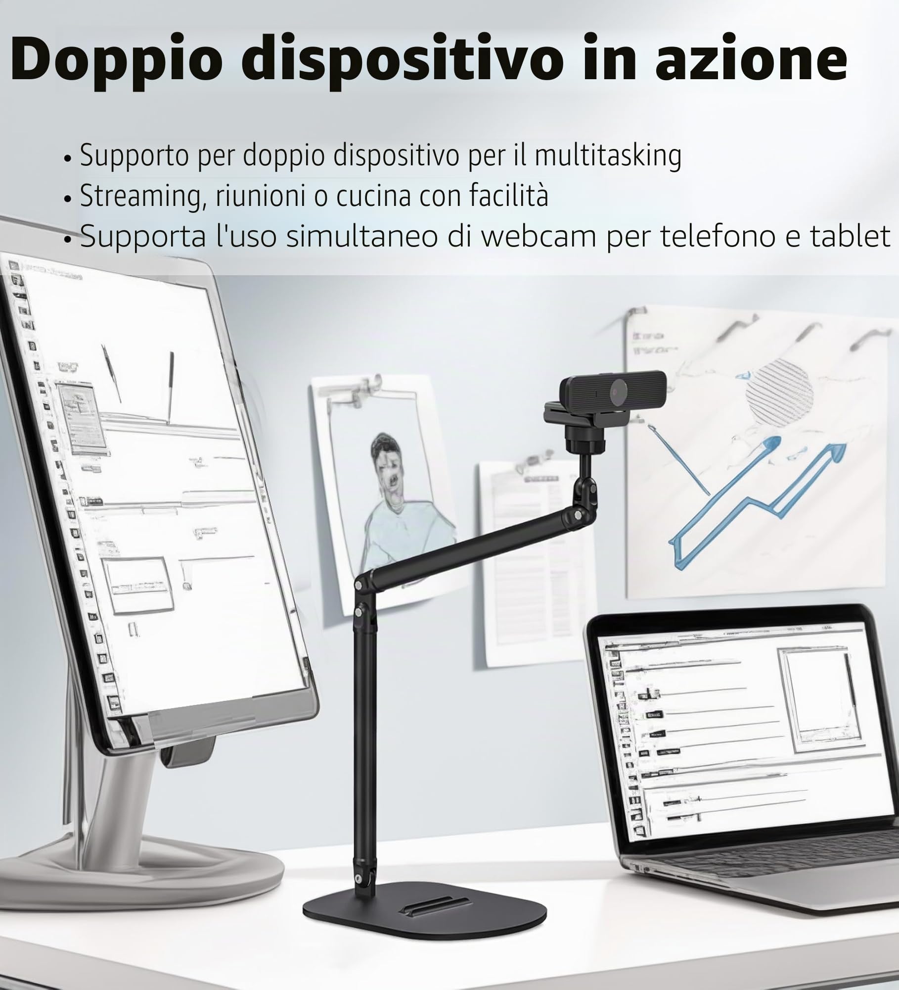 Supporto per webcam regolabile – doppio supporto per telefono e tablet, struttura robusta in alluminio con altezza e angolazione flessibili
