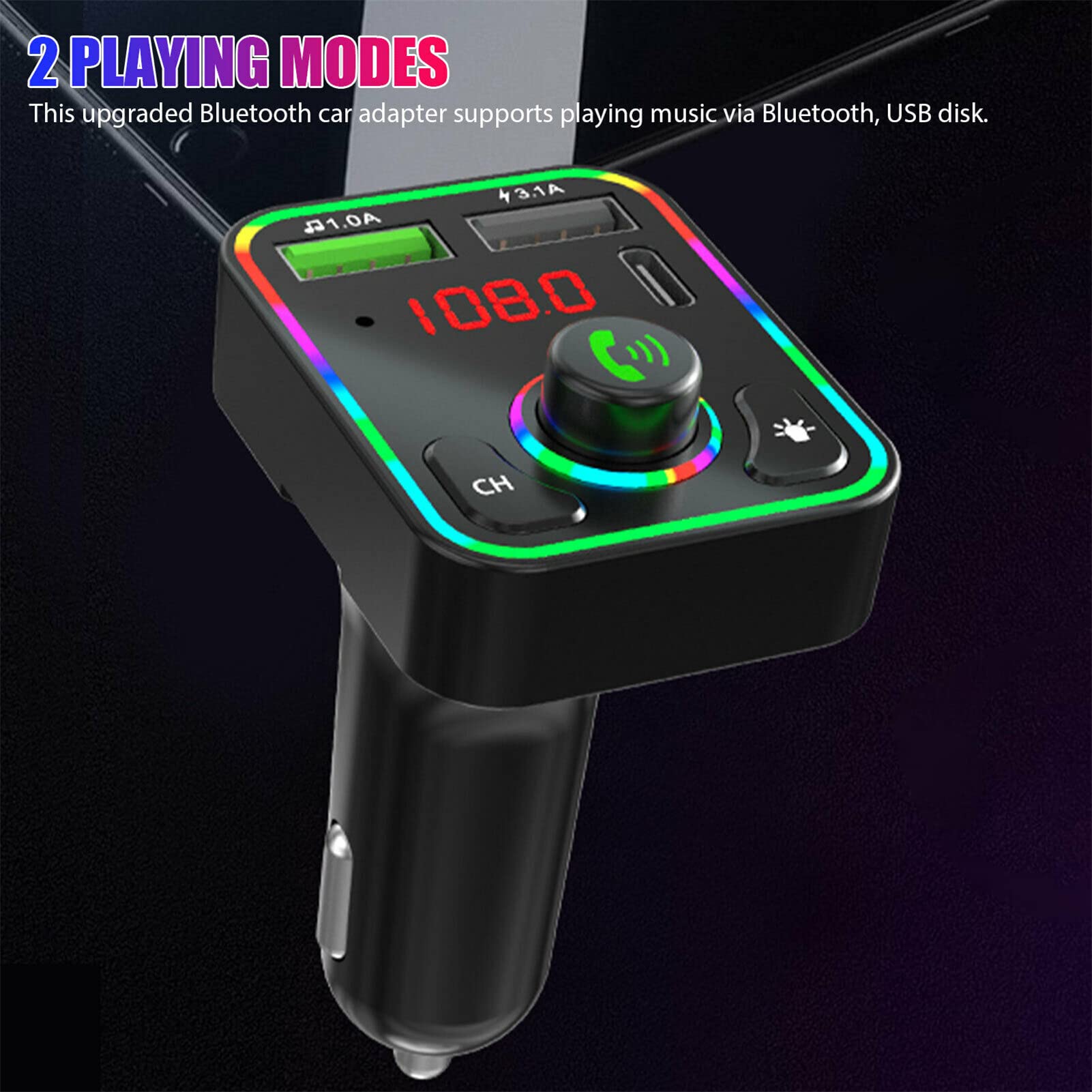 Auto-Audio Bluetooth Controller, odtwarzanie MP3 na telefonie, bezprzewodowy transmiter Fm, moduł kontrolera Bluetooth 5.0, adapter USB + zestaw głośnomówiący + oświetlenie otoczenia LED