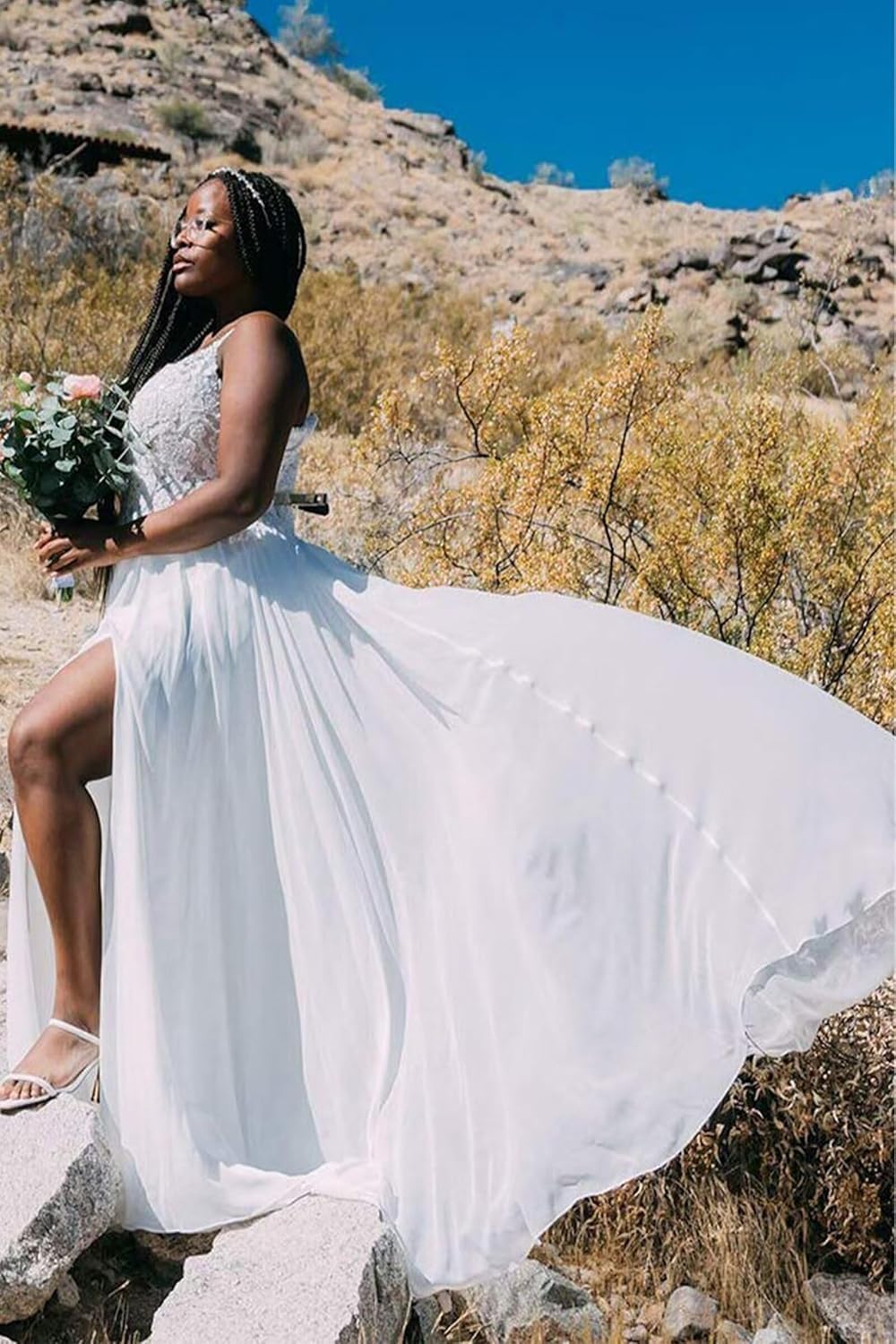 Brautkleider Lang Schlicht Elegant Standesamt Spaghetti-Träger Chiffon Hochzeitskleider Spitze Prinzessin Brautkleid