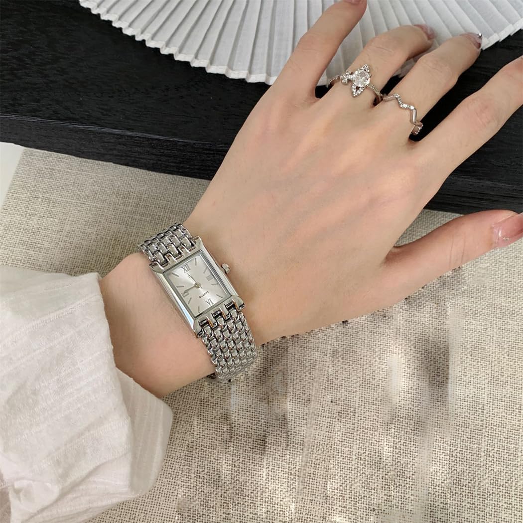Women's Small Square Vintage Watch Gold or Silver Tone Multi Row Link Bracelet Minimalist Wristwatch with Roman Numeral Dial Elegant Gift for Ladies