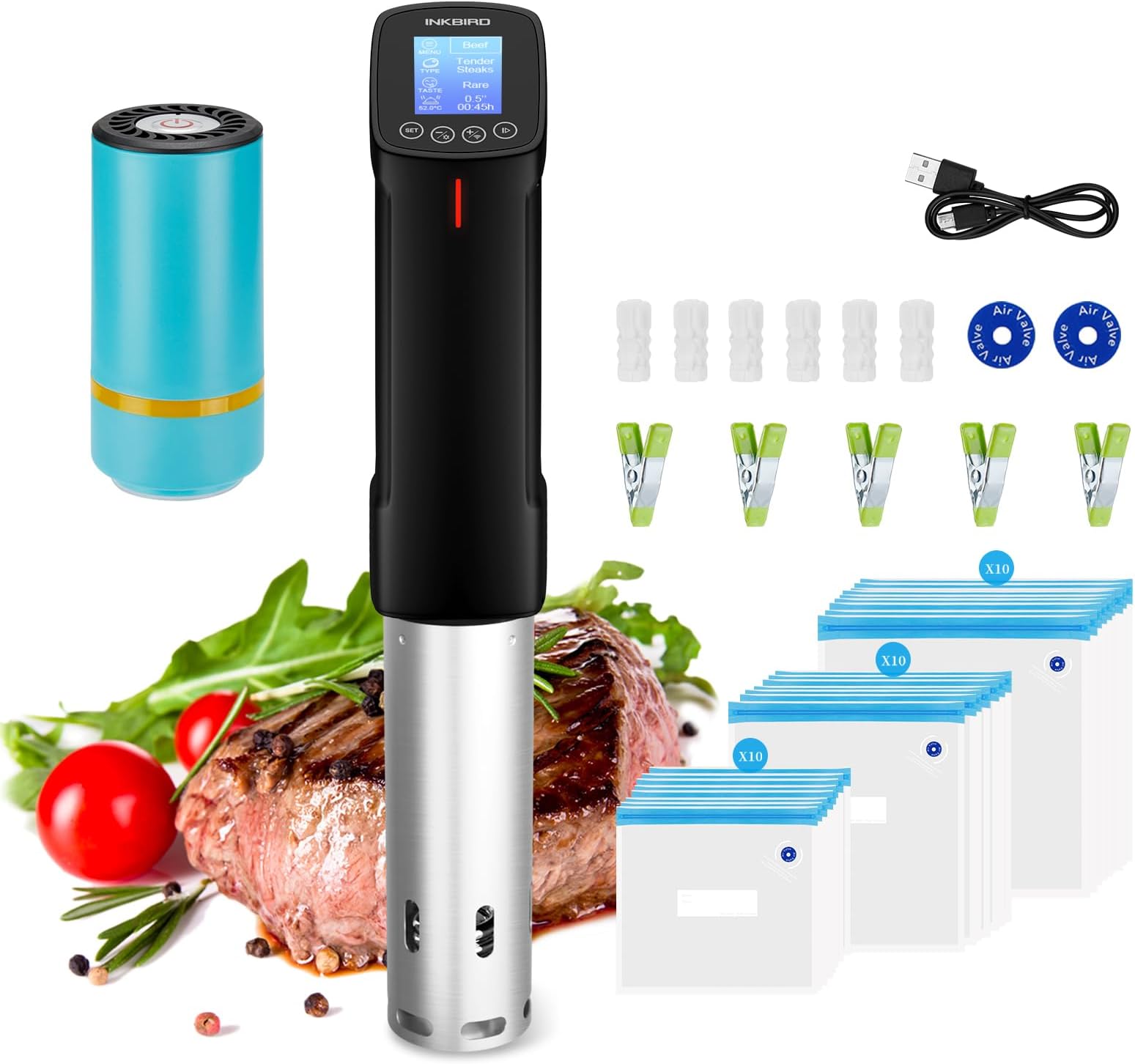 WIFI Sous Vide Cooker & 44PCS Vacuum Sealer Pump Sous Vide Starter Kits with 30PCS Sous Vide Bags, Recipes on APP,1000W Sous-Vide Machine for Steak