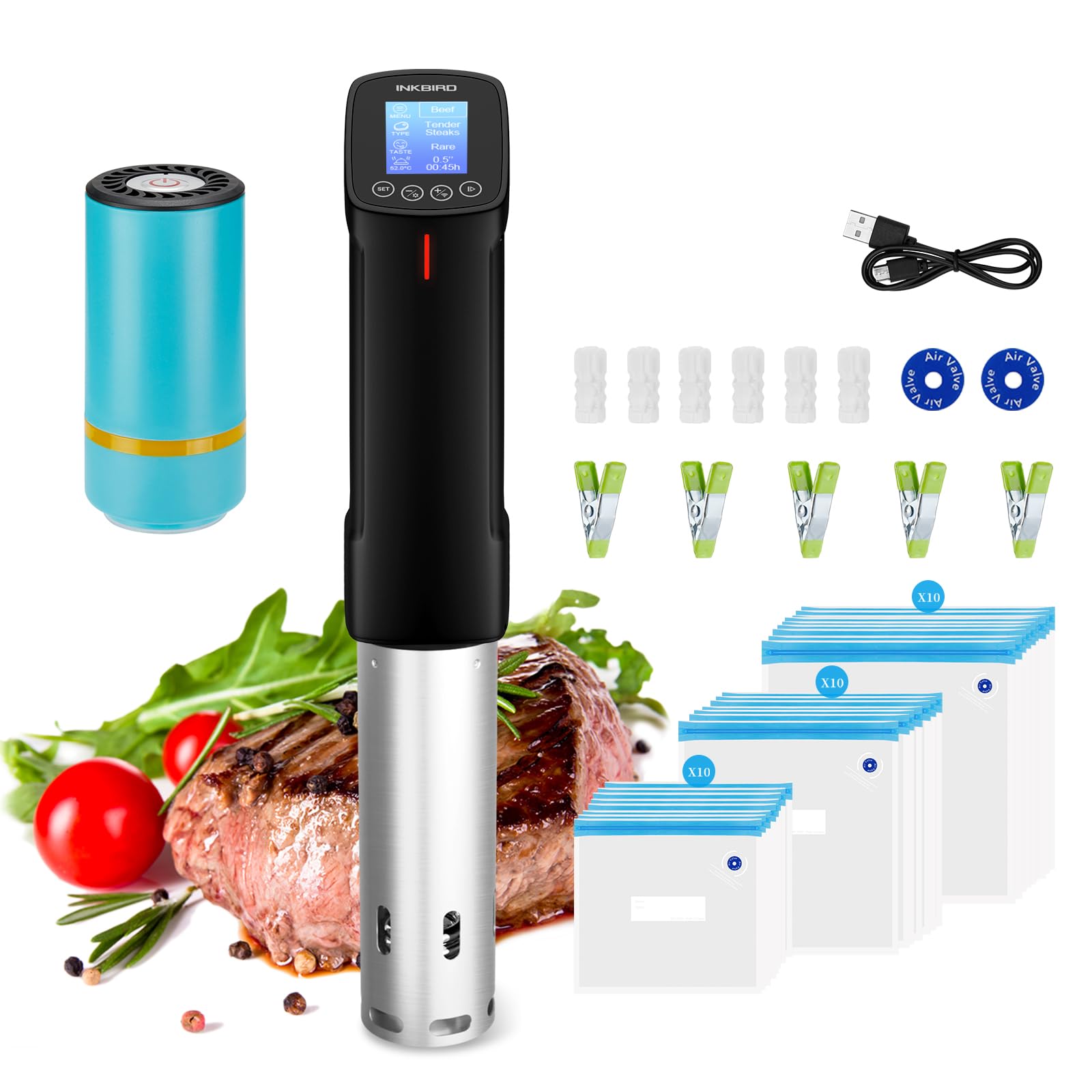 INKBIRD WIFI Sous Vide Cooker & 44PCS Vacuum Sealer Pump Sous Vide Starter Kits with 30PCS Sous Vide Bags, Recipes on APP,1000W Sous-Vide Machine for Steak