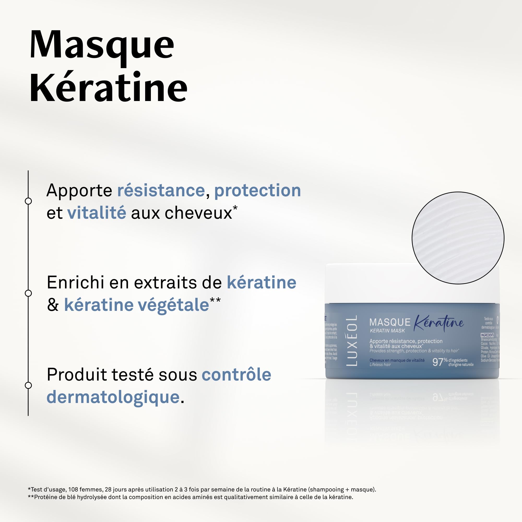 LUXEOL - Masque Kératine - Pour des cheveux renforcés, réparés et plus résistants *- 97% d’ingrédients d’origine naturelle - Sans silicones - Fabriqué en France - 200 ml