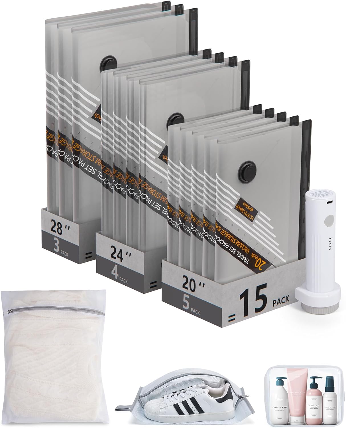 BAGSMART Rechargeable Wireless Pump Travel Storage Bags Set, Portable Space Saver Bags for Travel & Home, Vacuum Compression Seal Bag for Clothing- 15 combo bags