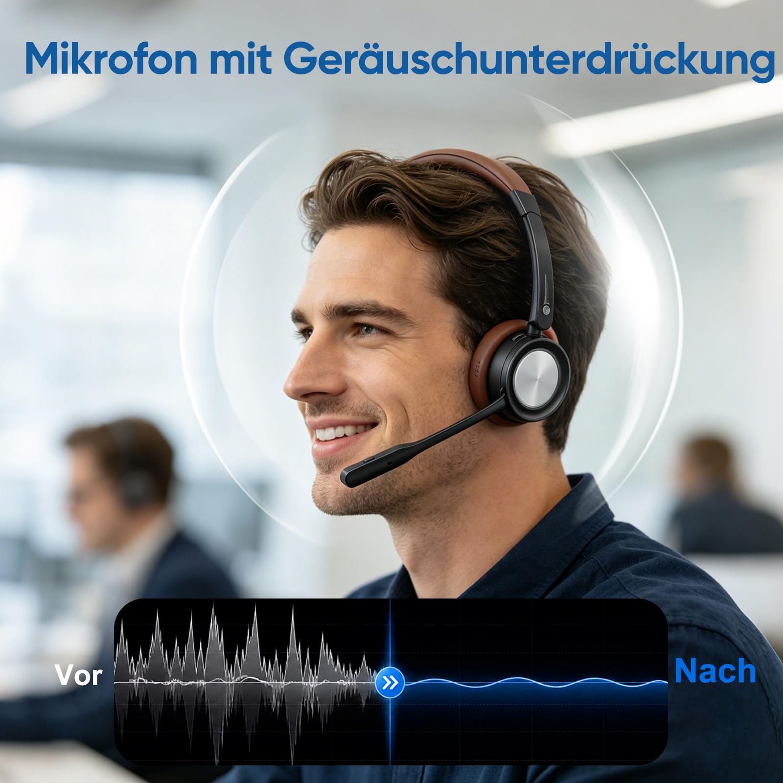Bluetooth Headset mit Mikrofon für PC, Kabelloses Headset mit Rauschunterdrückungs Mikrofon, USB-Dongle, Stummschalttaste für Arbeit, Büro, Callcenter, Teams