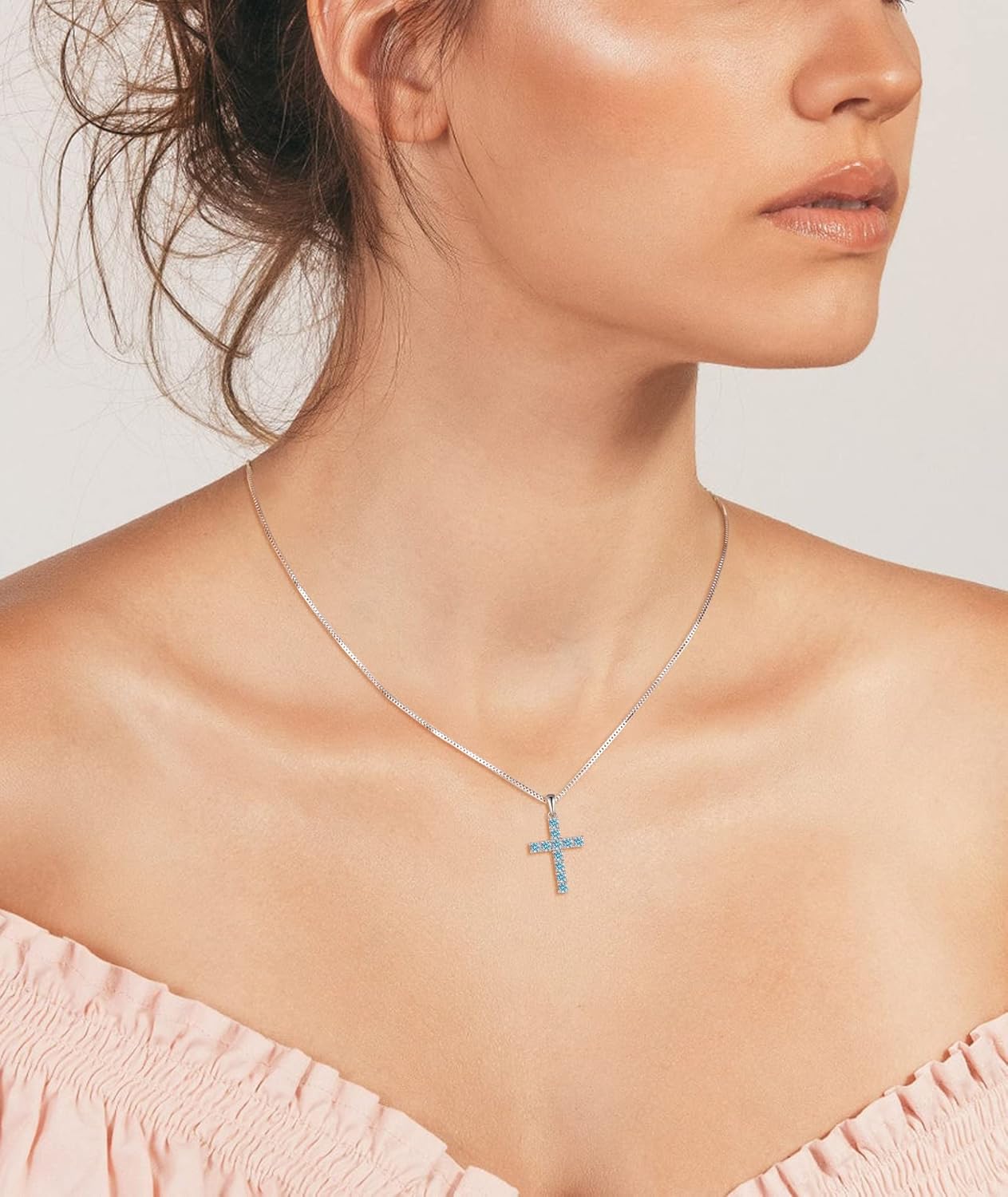 YL Women's Cross Necklace 925 Sterling Silver Halo Crucifix Pendant Gemstones Criss Jewelry