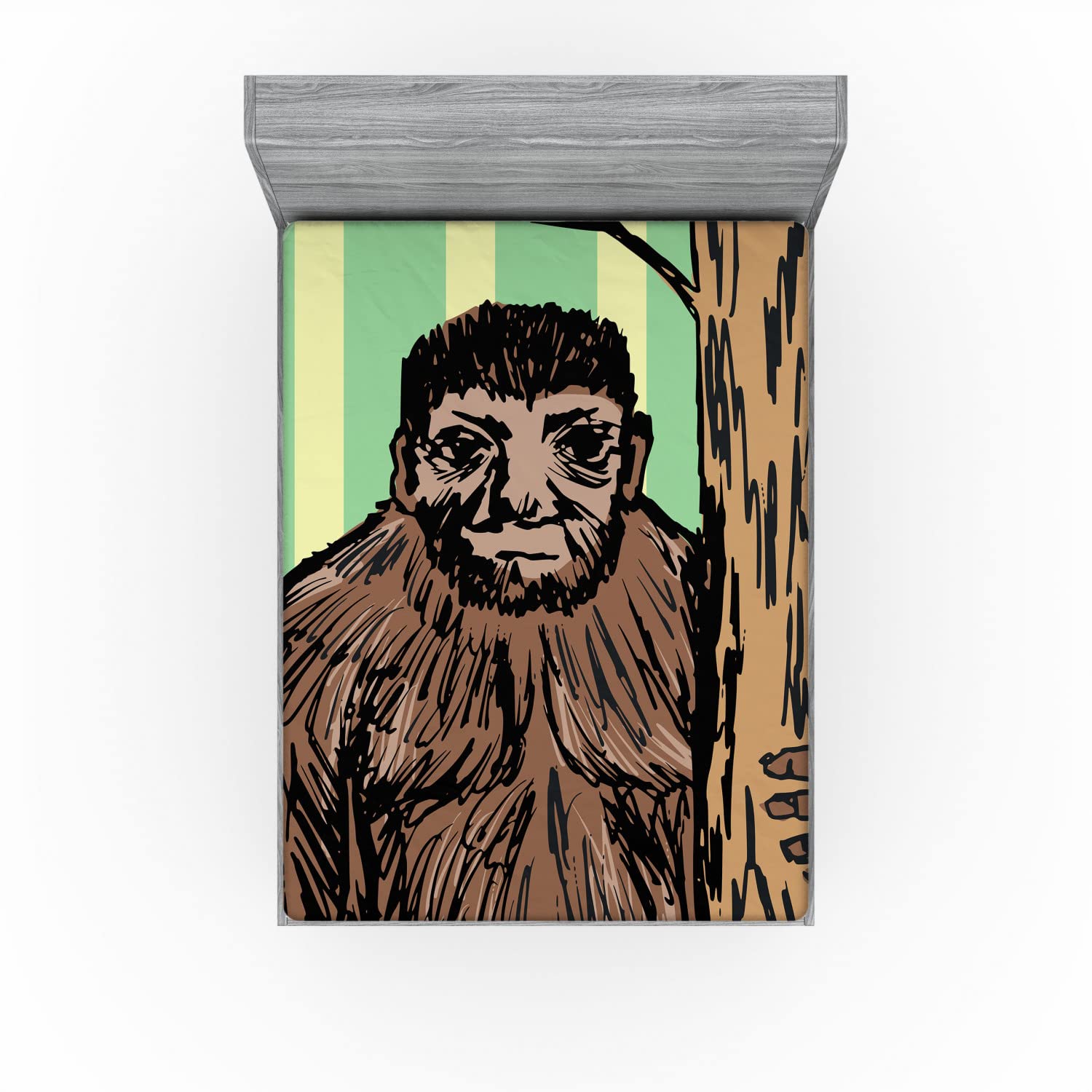 Ambesonne Bigfoot 2 Pack Fitted Sheet, Mysterious Yeti Sketch, Bed Cover All-Round Elastic Deep Pockets 2 Pieces, Package Contains 2 California King Fitted Sheets, Brown Teal