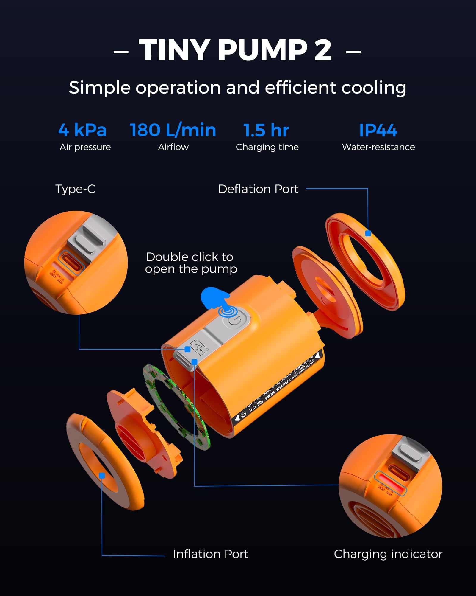FLEXTAILGEAR TINY PUMP 2/2X, Pompa Elettrica Portatile da Campeggio, Pompa Sottovuoto, 4 kPa(180 L/min) Pressione e Portata Elevate, 5 Ugelli Multifunzione per Letto ad Aria, Sacchetto Sottovuoto