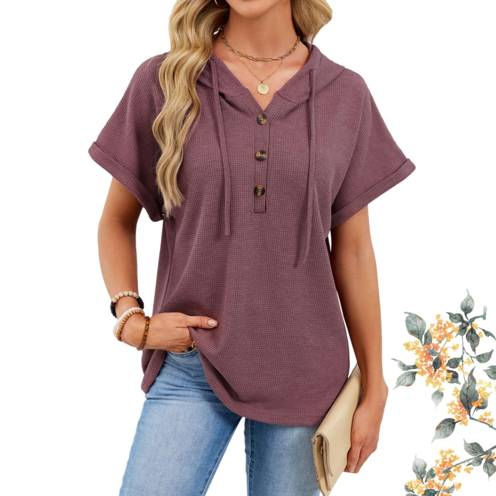 Bluzy z kapturem dla kobiet, oversize, dzianinowa bluza z dekoltem w serek, krótki rękaw, sznurek, guziki, pulower, topy do codziennego noszenia