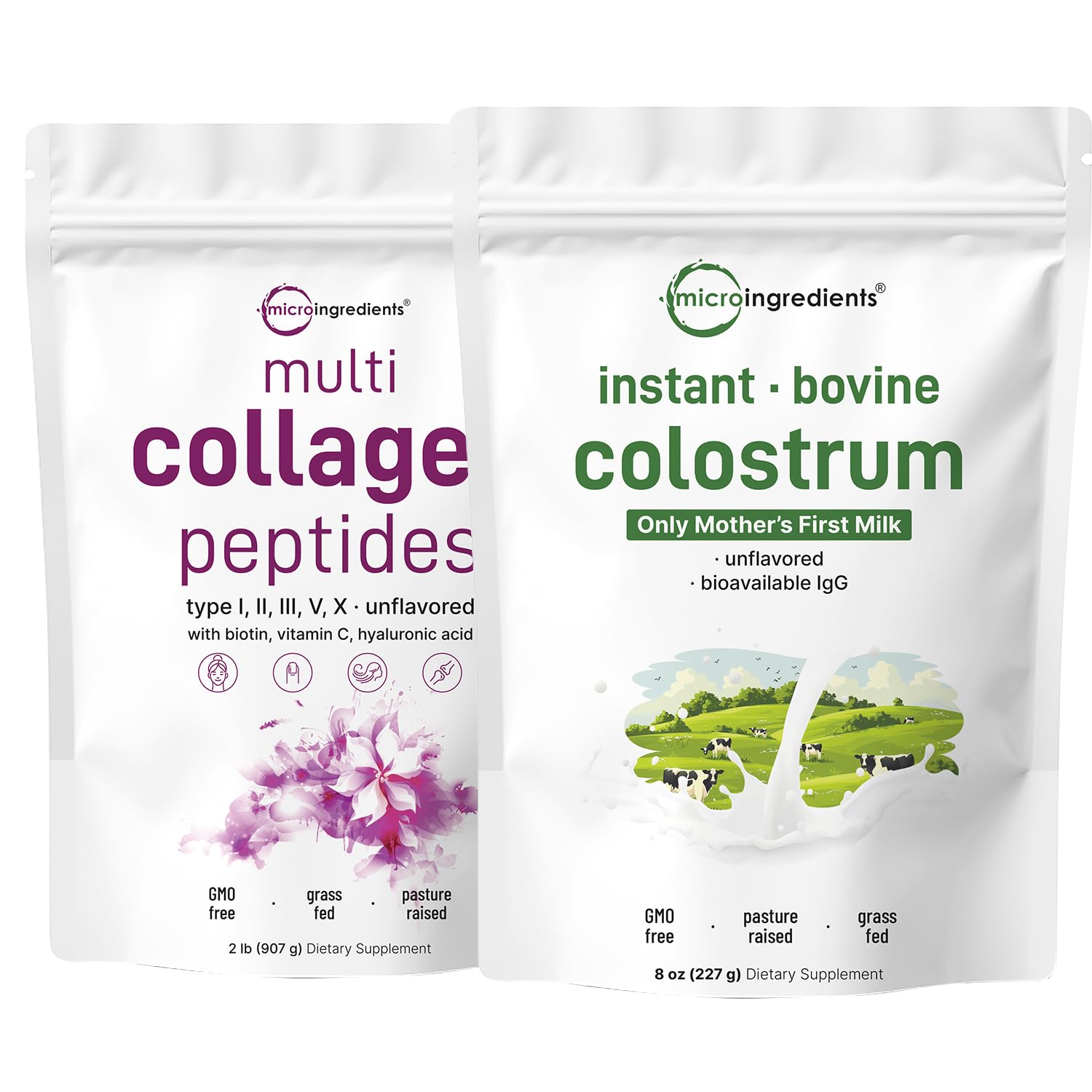 Micro Ingredients Multi Collagen Protein Powder 2 Pounds Instant Colostrum Powder Bundle 2 Pack Grass-Fed Collagen Peptides Premium