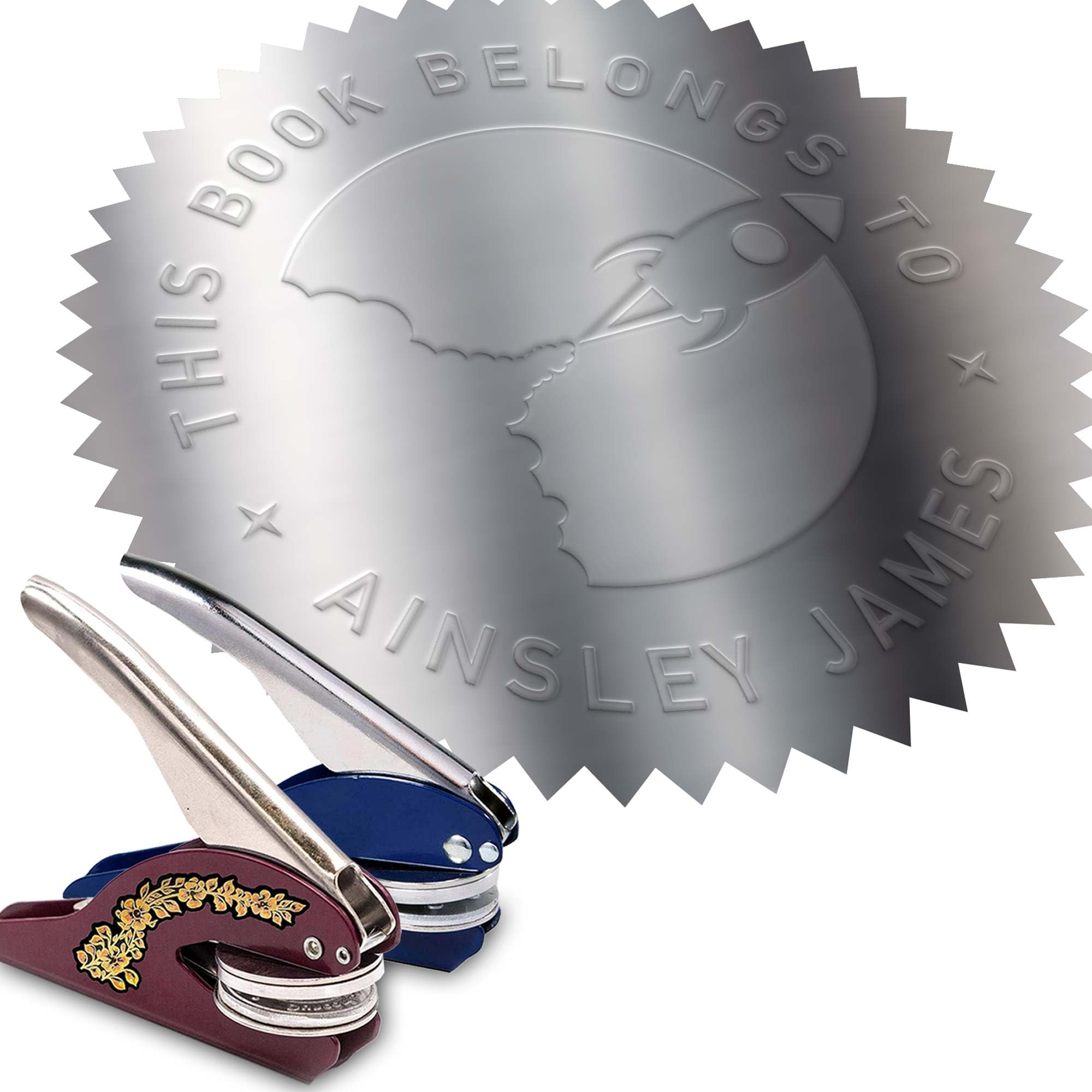 Book Embosser Library of Ex Libris Book Stamp. Wonky Book Design. Customise with Your Text. Gift for Book Lovers Personalised Embosers or Ink Stamp for Novel Collection. (Retro Rocket Ship)