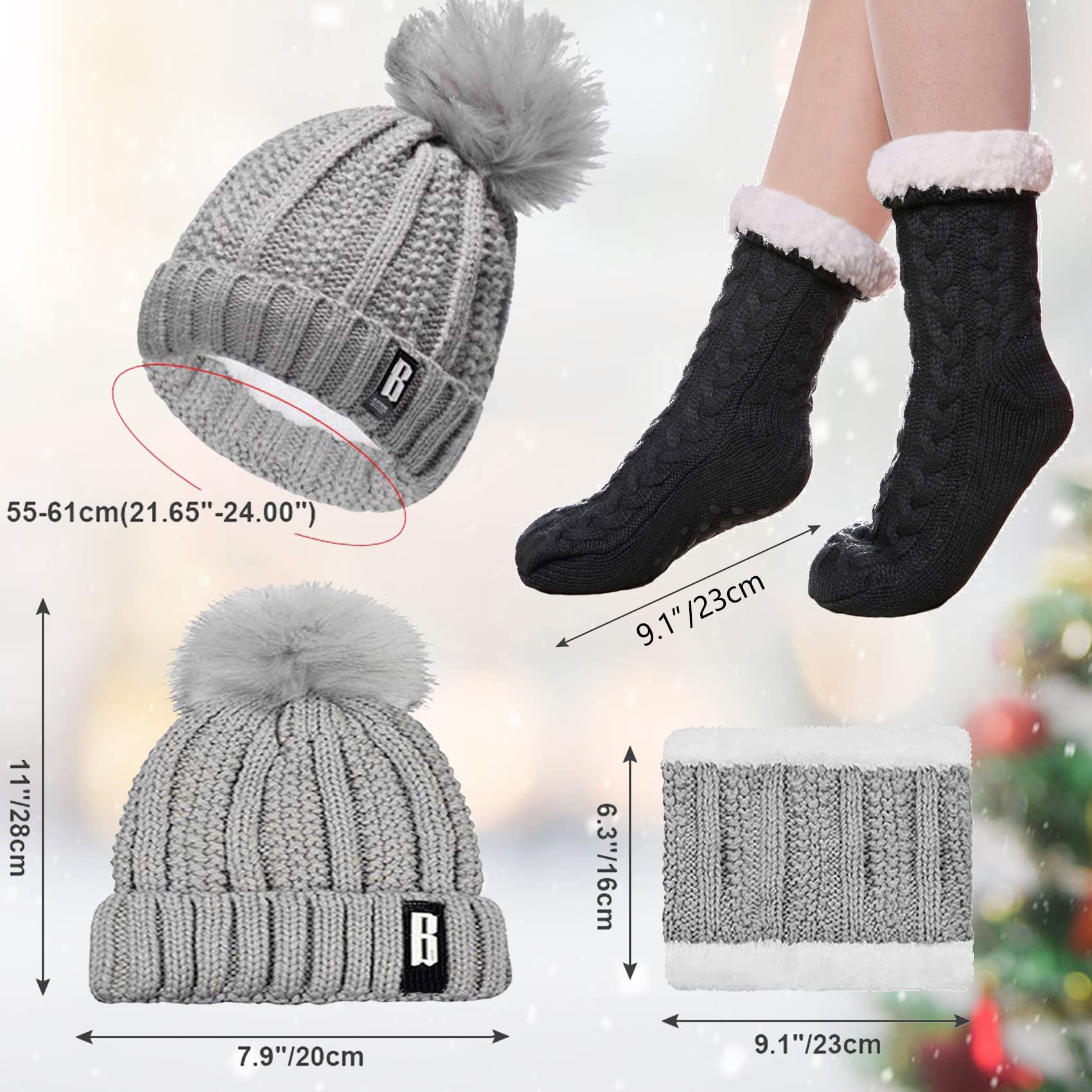 Packs Bonnet, écharpe Et Gants Femme Ensemble Bonnet Echarpe Femme Chaussettes Antidérapantes Chaudes Thermiques Femme Hiver Cache Oreilles Femme Bonnet Polaire Femme Ensemble Cadeau Femme Noel