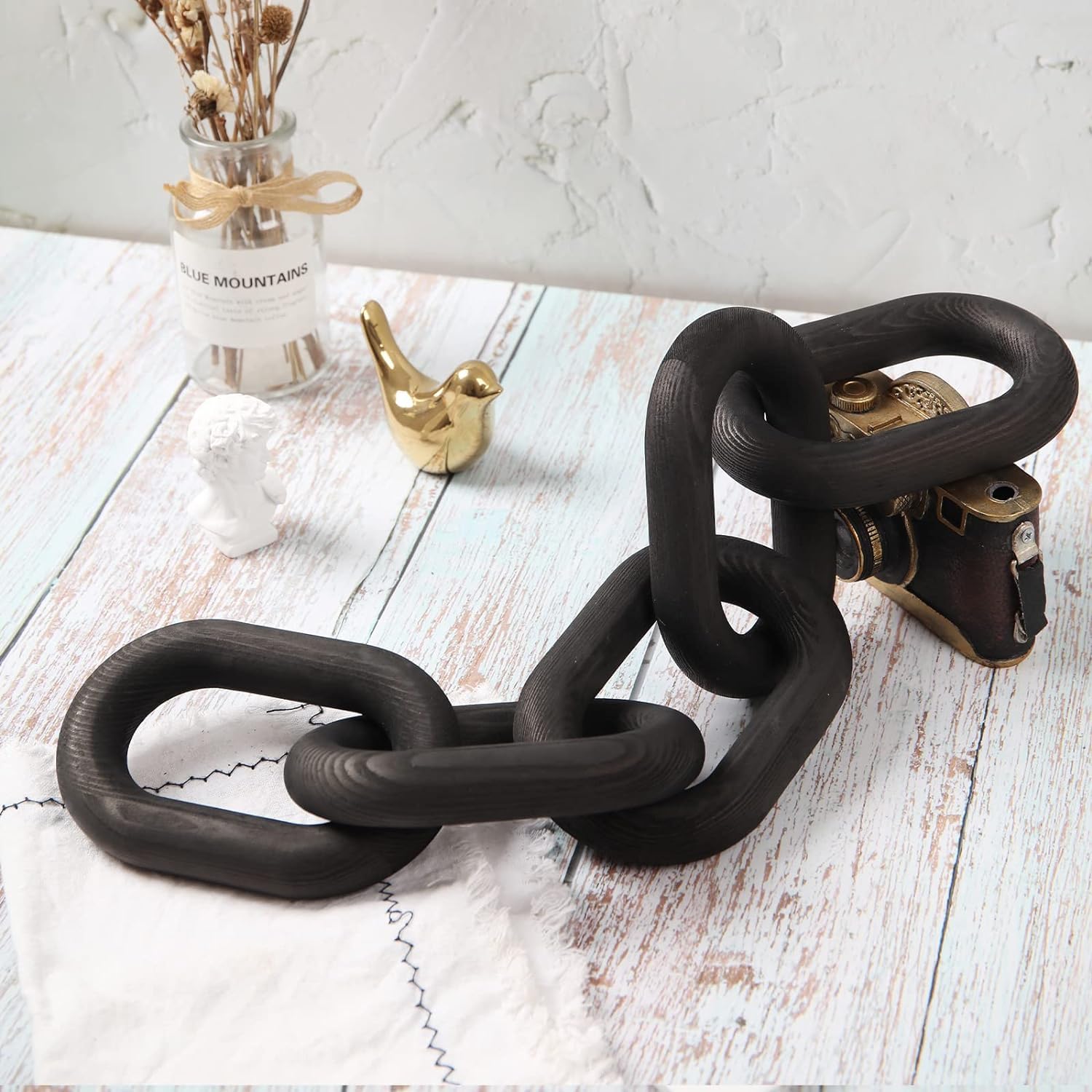 Benting Decorative Wood Chain Link Decor Rustic Wood Link 5 Link Wooden Chain Decor Link Ornament Farmhouse Wooden Links Home Decor Hand Carved Wood Crafts Ornaments for Coffee Table Tray Shef (Black)
