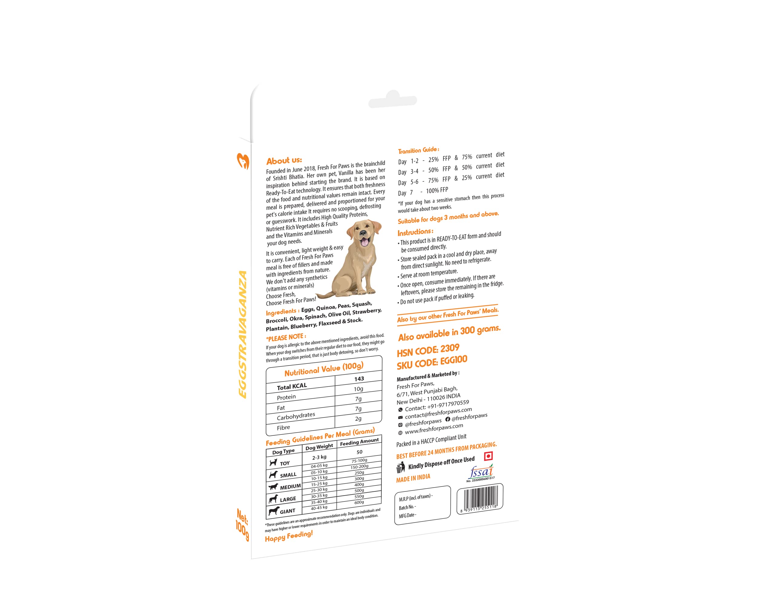 FRESH FOR PAWS 100% Natural&Human Grade Eggstravaganza Fresh Wet Dog Food Ready to Eat|Complete&Balanced Meals for Dogs with Healthy Fats&High Protein|All Breed|100 Gram Pack of 2,All Life Stages