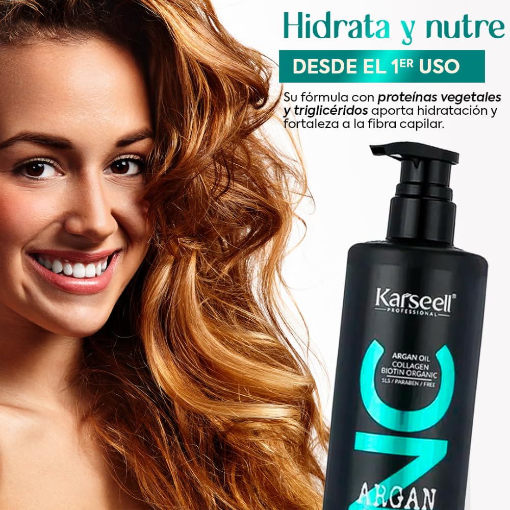 Karseell Acondicionador Profesional Nutritivo Aceite de Argán Vitamina E Hidratante Desenredante Reparador Suavidad Brillo Antifrizz Cabello Seco Dañado Teñido sin Siliconas ni Parabenos Uso Diario