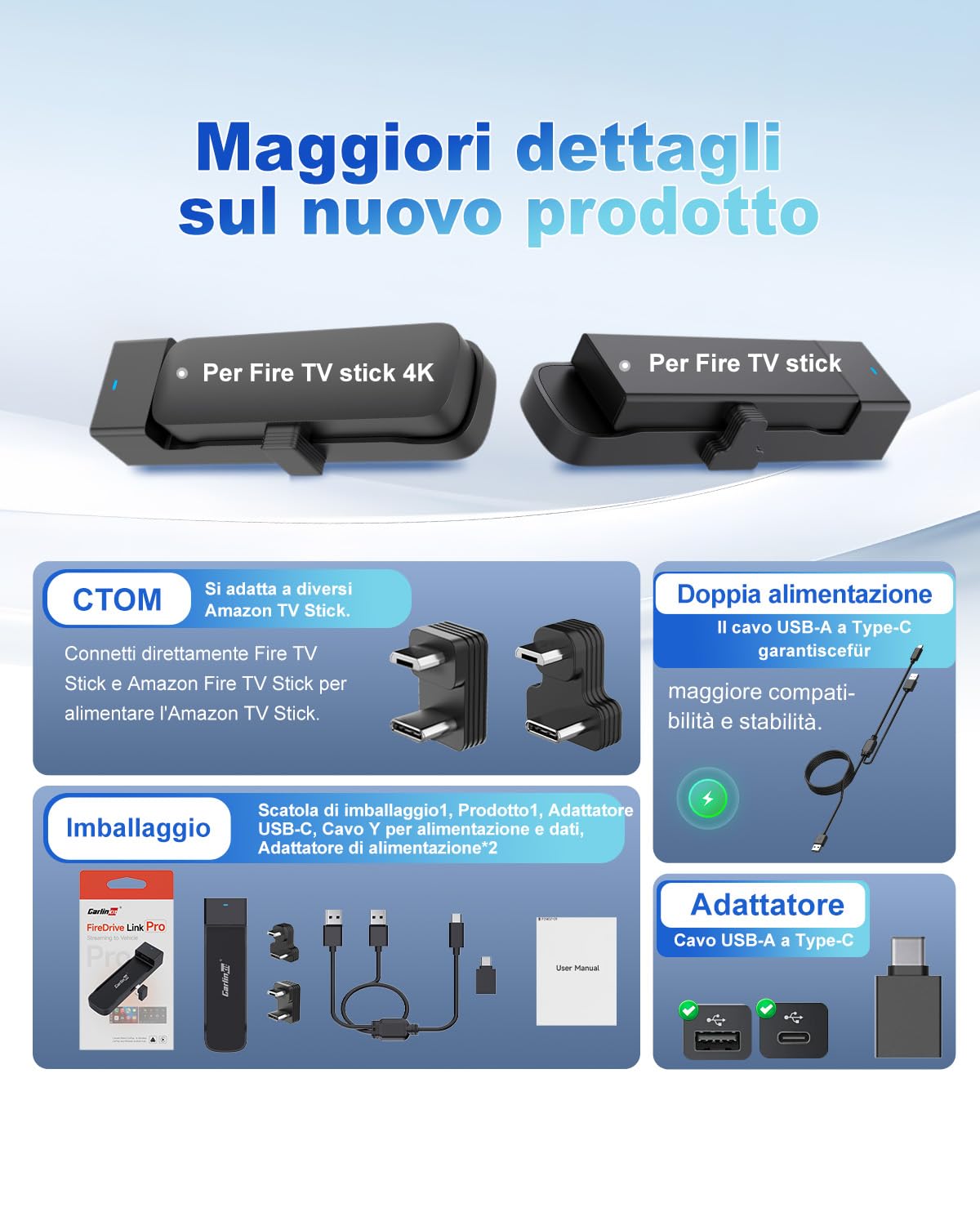 Carlinkit CarPlay e Android Auto, FireDrive Link Pro con HDMI per Fire TV Stick, dongle wireless e convertitore TV auto per CarPlay con cavo OEM, Plug