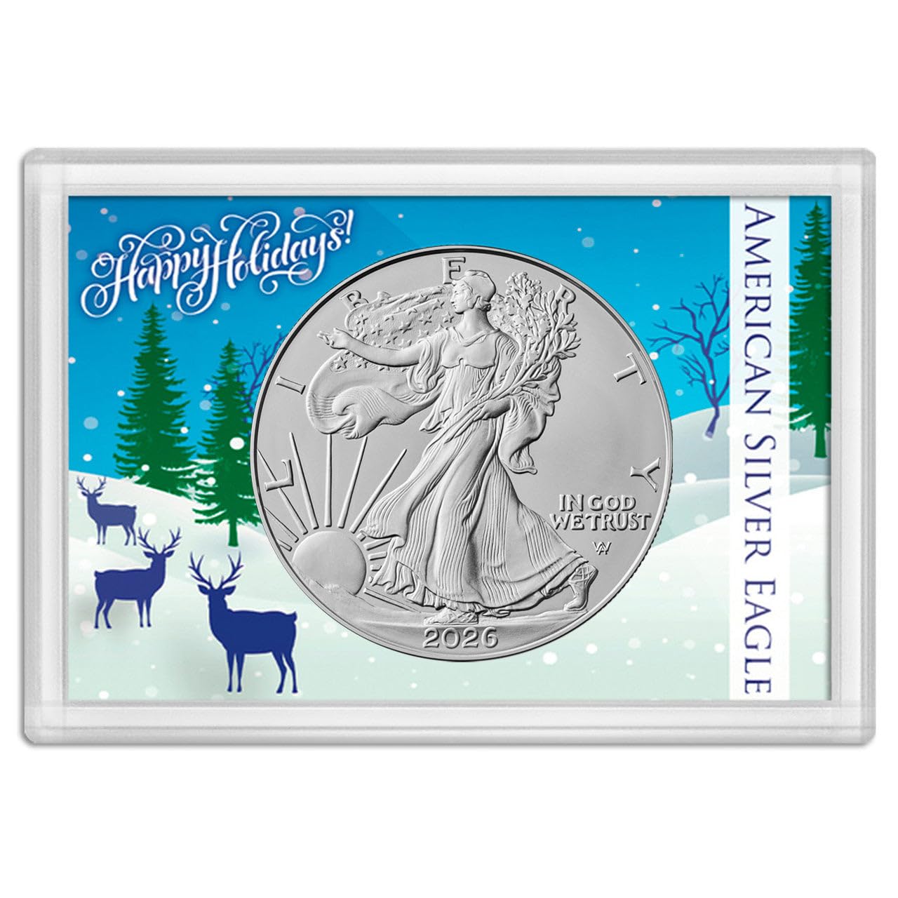 2026 U.S. Silver Eagle 1 oz Brilliant Uncirculated in Happy Holidays Snowy Scene with Reindeer Holder with our Smyrnacoin Certificate of Authenticity Dollar Uncirculated US Mint