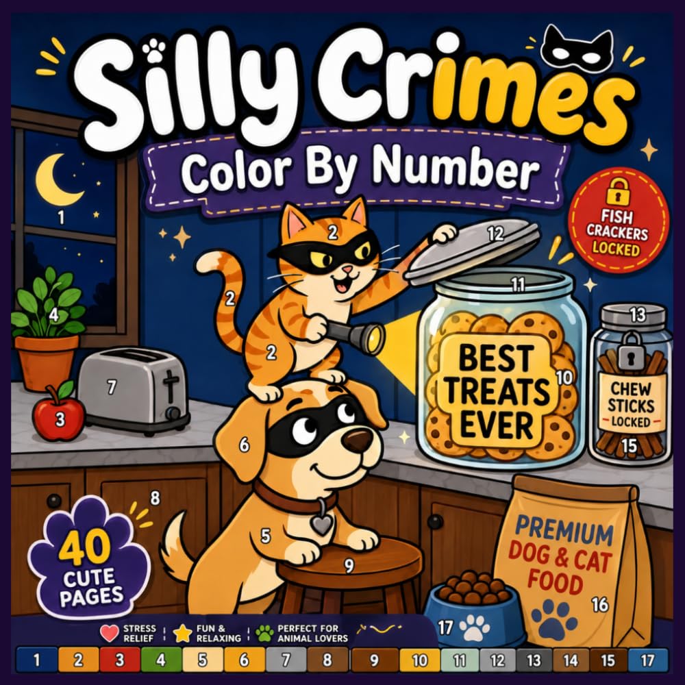 Silly Crimes Color by Number Coloring Book: 40 Cute Animal Mystery Scenes for Stress Relief and Relaxation