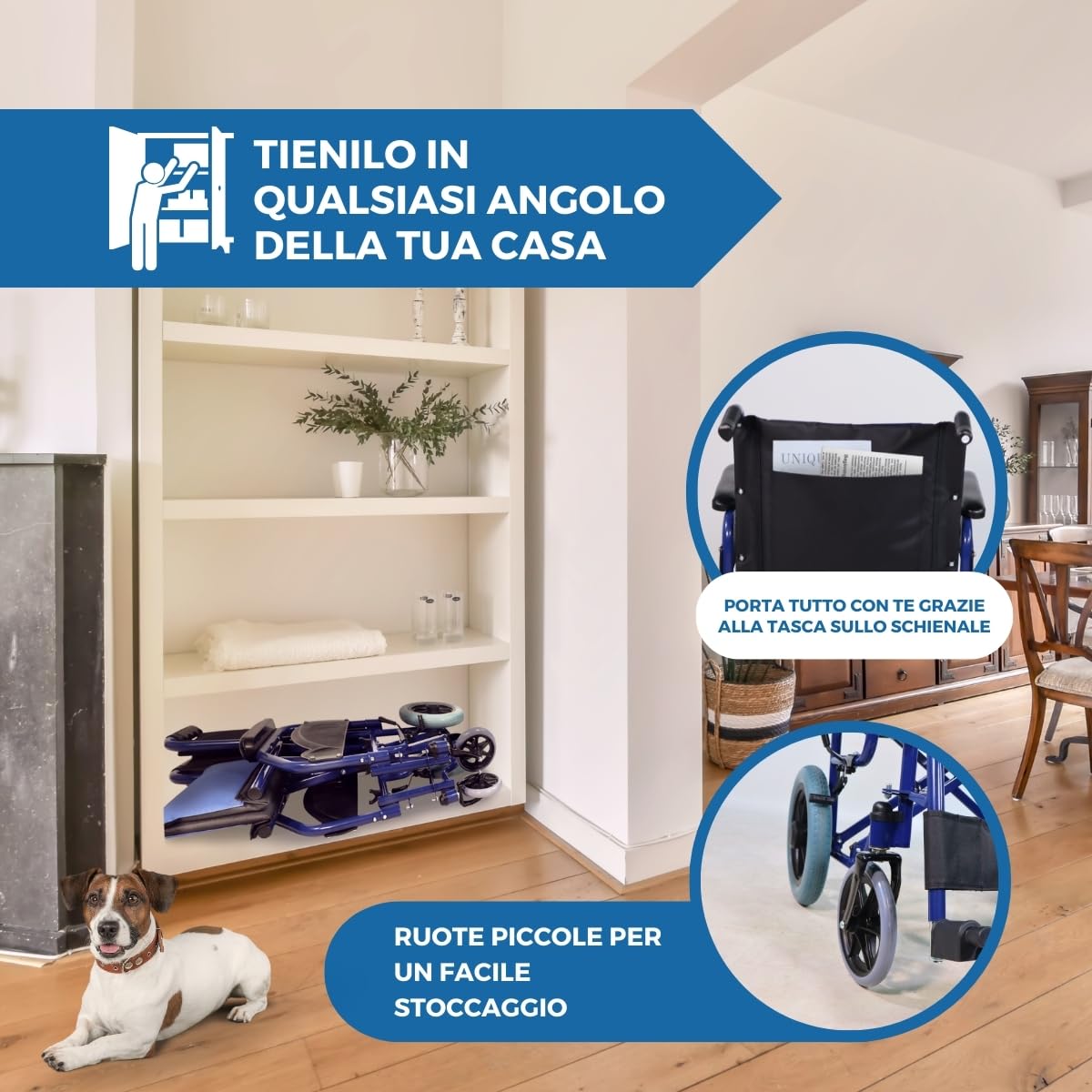 Mobiclinic®, Carrozzina pieghevole, Maestranza, Freni di stazionamento, Seduta da 45 cm, Pedane rimovibili, Braccioli pieghevoli e imbottiti, Ruote piccole, Robusta, Colore blu