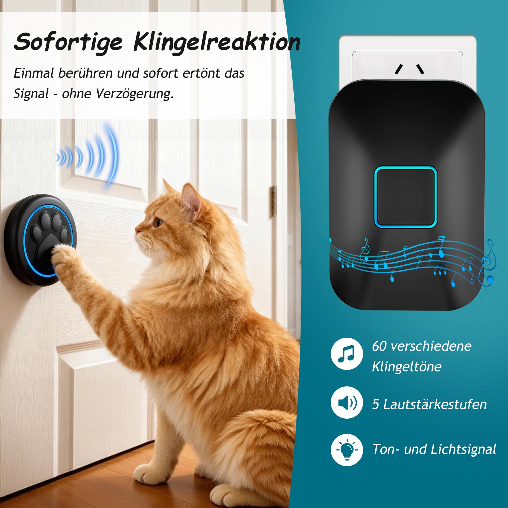A88 Katzenklingel & Hundeklingel – Kabellose Türklingel mit Touch-Sensor, 300 m Reichweite, LED, 60 Melodien, Wasserdicht, Buzzer Hund, Katzen Klingel Tür Außenbereich (1 Klingeltaster + 1 Empfänger)