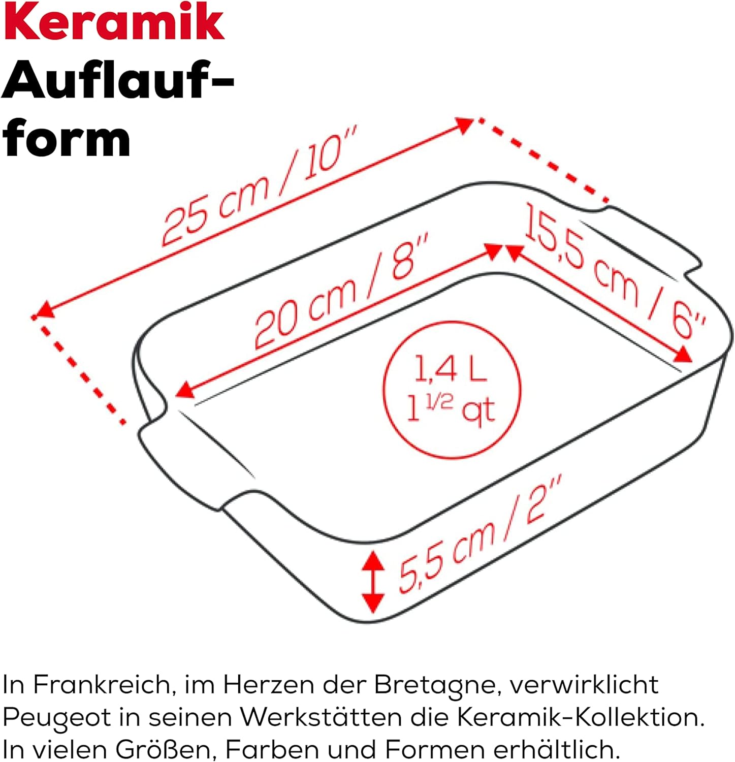 Peugeot - Appolia Rectangular Oven Dish - Ceramic Baker with Handles - Blue, 8 x 6 x 2 inches