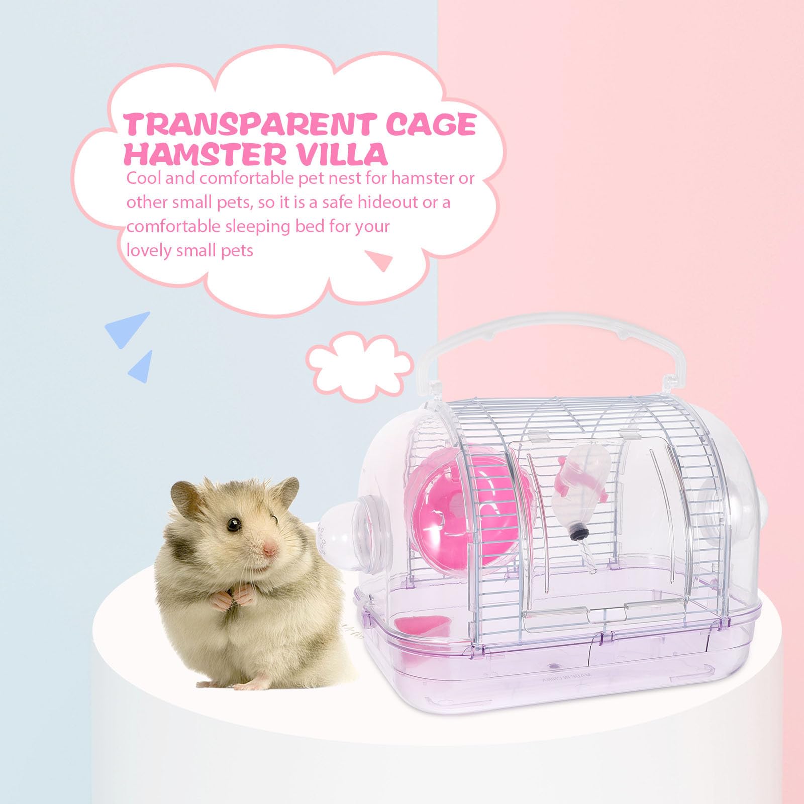 Hamstertransportbox Rosa, Tragbarer Kleintierkäfig aus Eisen und Kunststoff