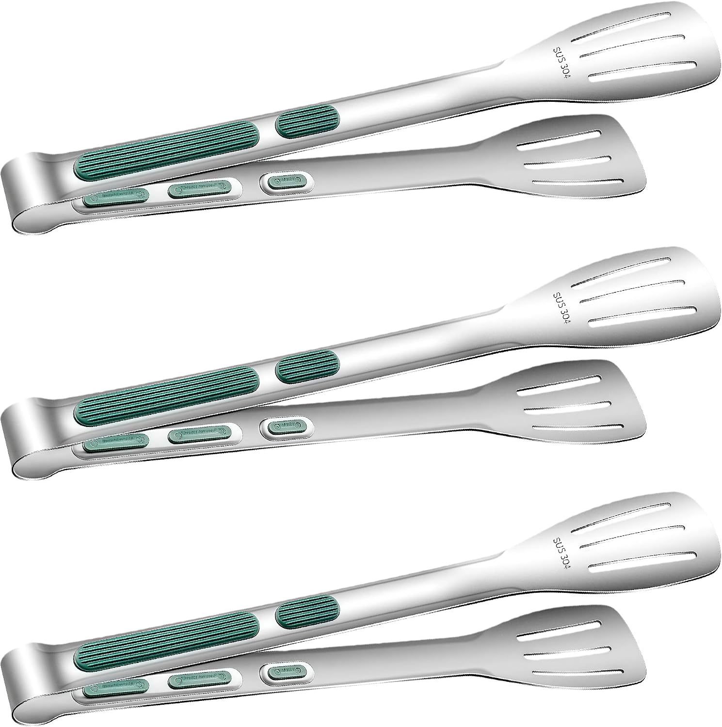 Stainless Steel Kitchen Tong Set - Anti-Slip Heat-Resistant Grip, Widened 3-Line Slotted Heads for Easy Clamping (Steaks, BBQ, Pasta, Salads), Easy Clean for Versatile Use Set of 3-6" 9" 11", Green
