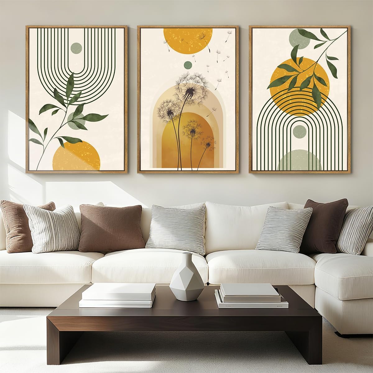 ANHUIB Boho Fall Minimalist Canvas Wall Art 24x36 Inch Dandelion Plant Wall Decor Modern Geometric Artwork Abstract Line Botanical Painting Set of 3 for Living Room Bedroom Dining Room