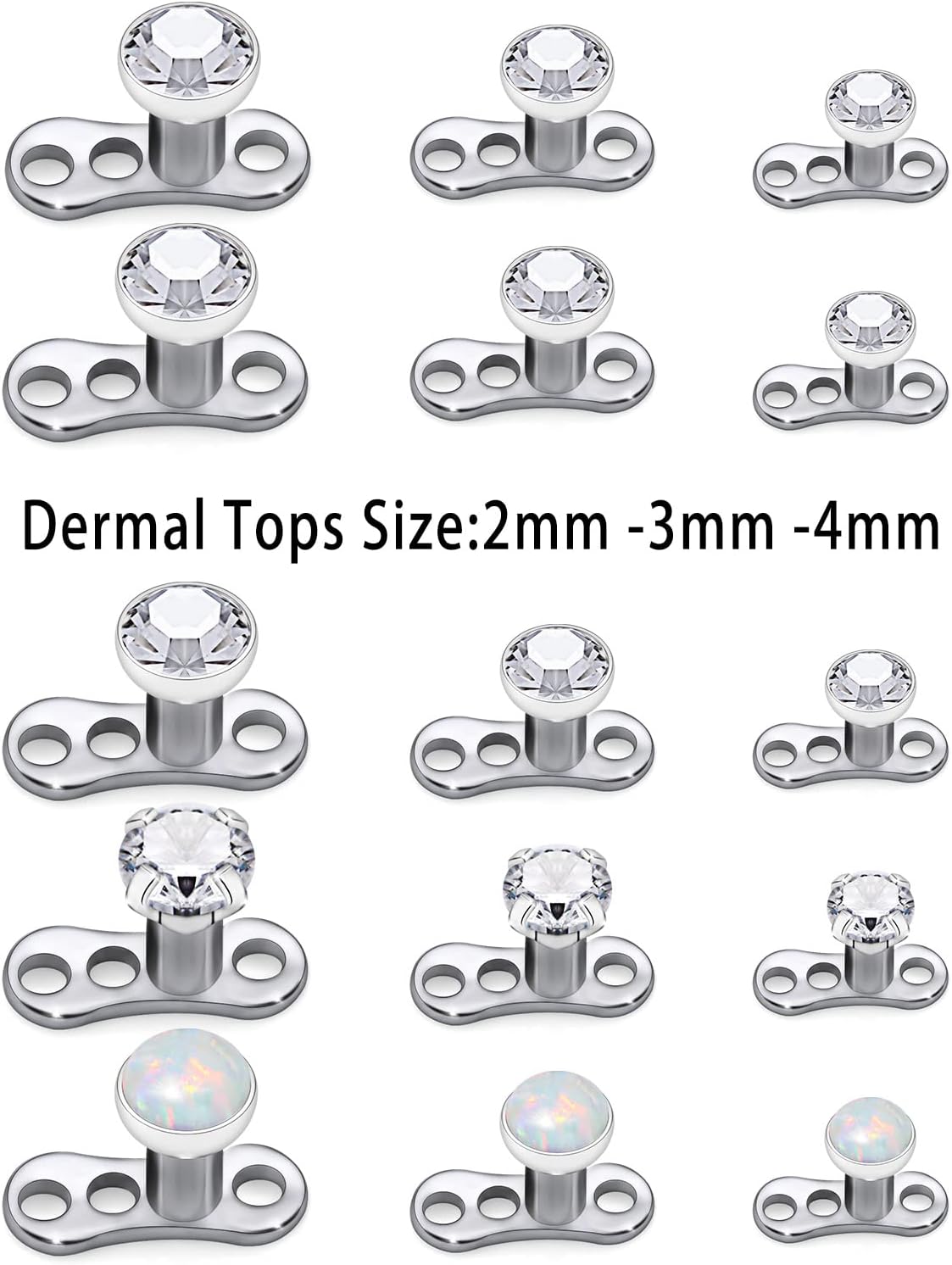 14G Titanium Dermal Piercing Jewelry - Hypoallergenic Base & Top - Internally Threaded Clear CZ Opal Crystal Top - 15PCS
