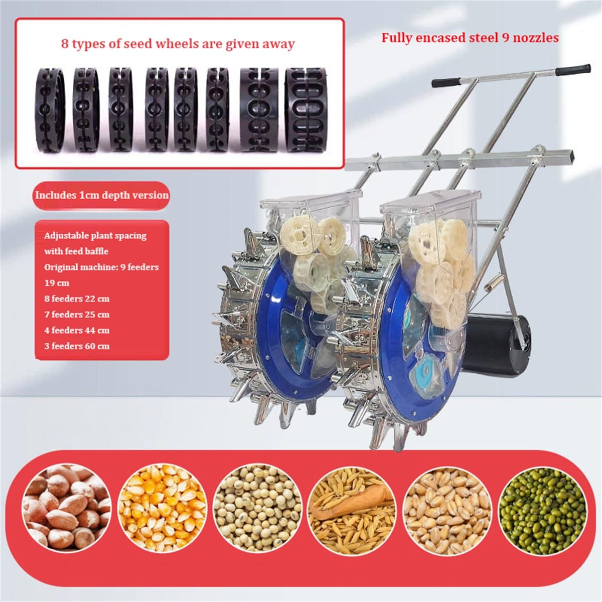 Semoir Manuel à Pousser, semoir en Rangs avec Profondeur de semis et écartement des Rangs réglables, Robuste, idéal pour Les potagers avec maïs, Haricots, Pois(semis précis)(9 Nozzles)